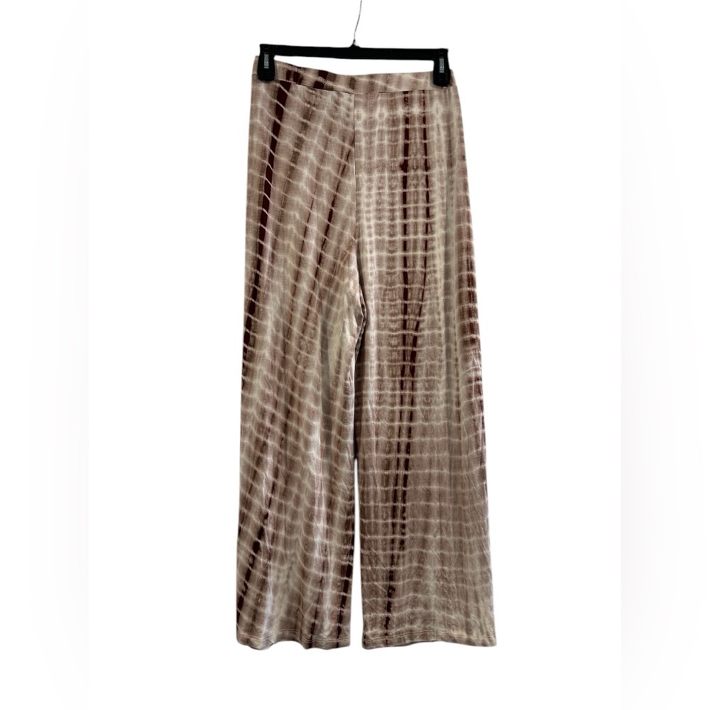 Women’s High Waisted Palazzo Tye Die Side Slit Pants Medium Brown Tan Cream - Picture 4 of 11